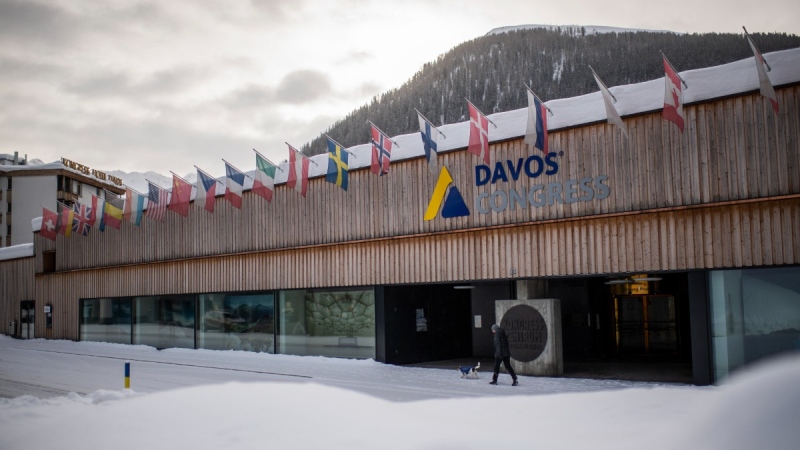 Exterior view of the congress centre in Davos, Switzerland, Jan. 25, 2021. (Gian Ehrenzeller/Keystone via AP)