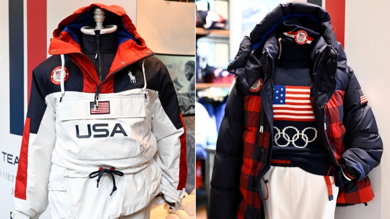 This combination of photos shows uniforms for the Team USA Beijing winter Olympics opening ceremony, left, and closing ceremony, designed by Ralph Lauren. (Evan Agostini / Invision / AP) 