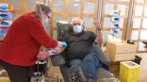 Guy LeBlanc, 69, of Ottawa donates blood for the 150th time on Thursday. (Photo courtesy: Jordan LeBlanc)