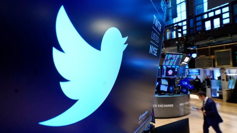 The logo for Twitter appears above a trading post on the floor of the New York Stock Exchange, Monday, Nov. 29, 2021. (AP Photo/Richard Drew) 