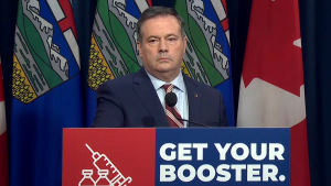 Alberta Premier Jason Kenney takes questions from reporters on Jan. 20, 2022.