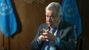 United Nations secretary-general Antonio Guterres speaks during interview at the UN headquarters on Jan. 20, 2022, in New York. (AP Photo/Robert Bumsted)