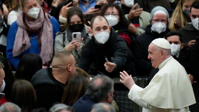 Pope Francis leaves Paul VI Hall at the Vatican, on Jan. 12, 2022. (Alessandra Tarantino / AP) 