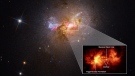 A detailed look at the center of the galaxy shows an umbilical cord of gas 230 light-years long, connecting the galaxy's black hole and a star-forming region. (NASA, ESA, Zachary Schutte (XGI), Amy Reines (XGI), Alyssa Pagan (STScI) via CNN)