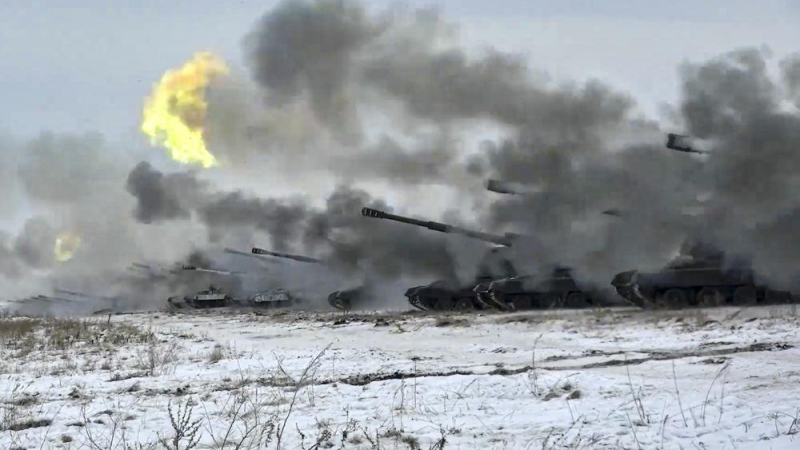 FILE - In this image taken from video and released by Russian Defence Ministry Press Service, Russian army's self-propelled howitzers fire during military drills near Orenburg in the Urals, Russia, Thursday, Dec. 16, 2021. (Russian Defence Ministry Press Service via AP, File)