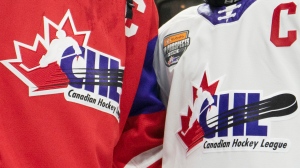 Team Red and Team White logos are shown following the CHL Top Prospects Game in Hamilton, Ont. on January 16, 2020. (THE CANADIAN PRESS / Peter Power)