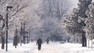 People walk through a park as temperature dip to below -20 degrees celsius in Montreal, Saturday, Jan. 22, 2022. Environment Canada has issued an extreme cold warning for the region. THE CANADIAN PRESS/Graham Hughes