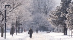 People walk through a park as temperature dip to below -20 degrees celsius in Montreal, Saturday, Jan. 22, 2022. Environment Canada has issued an extreme cold warning for the region. THE CANADIAN PRESS/Graham Hughes 