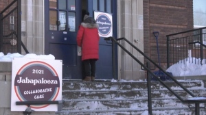 Someone walks into Mutchmor Public School on Sunday for a COVID-19 vaccination clinic hosted by Ottawa physician Dr. Nili Kaplan-Myrth. (Colton Praill/CTV News Ottawa)