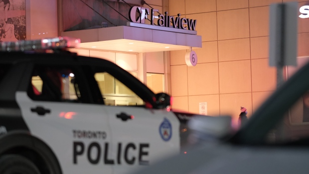 Toronto police respond to a stabbing at Fairview Mall in North York on Sunday, Jan. 23, 2022. (Simon Sheehan/CP24)