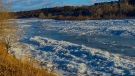 Viewer Dee's photo of the water Bow River running atop the ice in Cochrane.