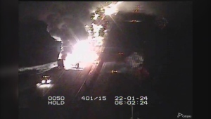Highway 401 eastbound is closed between Montreal St. and Hwy 15 exits after a transport truck caught on fire. (511 Ontario)