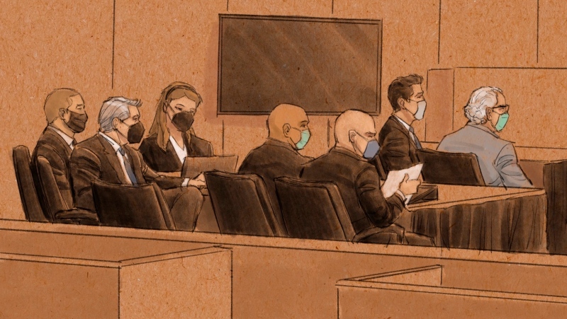 In this courtroom sketch, three former Minneapolis officers charged in the death of George Floyd appear in federal court on Tuesday, Jan. 11, 2022, in St. Paul, Minn. (Cedric Hohnstadt via AP) 