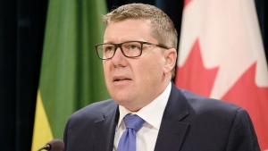 Saskatchewan Premier Scott Moe speaks at a press conference at the Legislative Building in Regina, Thursday, March 25, 2021. Moe spoke about the recent Supreme Court of Canada ruling that says the federal Liberal government's carbon pricing regime is constitutional. THE CANADIAN PRESS/Michael Bell 
