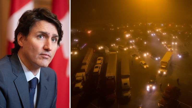 Composite image of Canadian Prime Minister Justin Trudeau on Jan. 19, 2022 in Ottawa and truckers and supporters in Delta, B.C., on Sunday, January 23, 2022. (THE CANADIAN PRESS/Adrian Wyld, THE CANADIAN PRESS / Darryl Dyck)