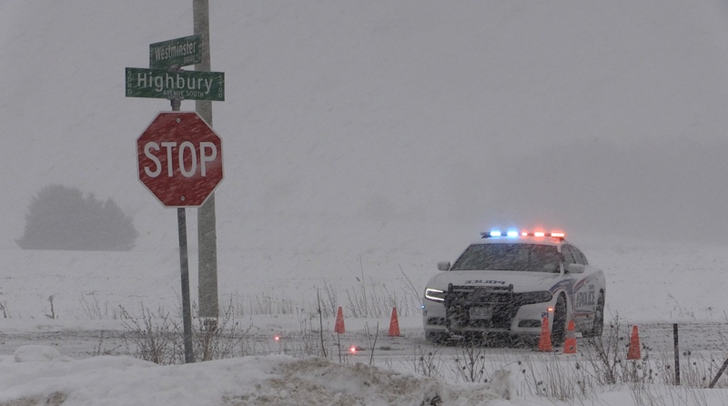 London police have closed Highbury Avenue in both directions between Westminster and Scotland drives after a crash, Jan. 24, 2022. (Daryl Newcombe / CTV News)