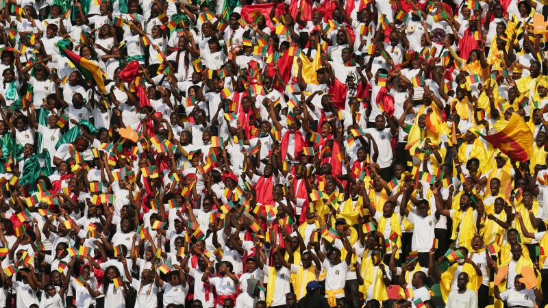Cameroon fans react during the African Cup of Nations 2022 group A soccer match between Ethiopia and Cape Verde at the Olembe stadium in Yaounde, Cameroon, Sunday, Jan. 9, 2022. (AP Photo/Themba Hadebe) 