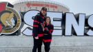 Newly-engaged Senators fans Tyas Montgomery and Kelsey Pilon in front of the Canadian Tire Centre. (Peter Szperling/CTV News Ottawa)