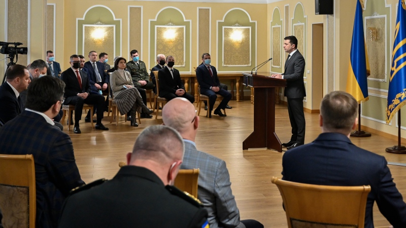 In this handout photo provided by the Ukrainian Presidential Press Office, Ukrainian President Volodymyr Zelenskyy speaks to the leaders of the Foreign Intelligence Service of Ukraine during a meeting in Kyiv, Ukraine, on Jan. 24, 2022. (Ukrainian Presidential Press Office via AP)