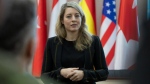 Canada's Minister of Foreign Affairs Melanie Joly speaks during her visit to the National Guard base close to Kyiv, Ukraine, on Jan. 18, 2022. (Ukrainian National Guard Press Office via AP) 