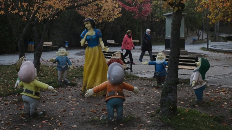 'Snow White and the Seven Dwarfs' figures in a public garden, in Ankara, Turkey, on Nov. 13, 2020. (Burhan Ozbilici / AP) 
