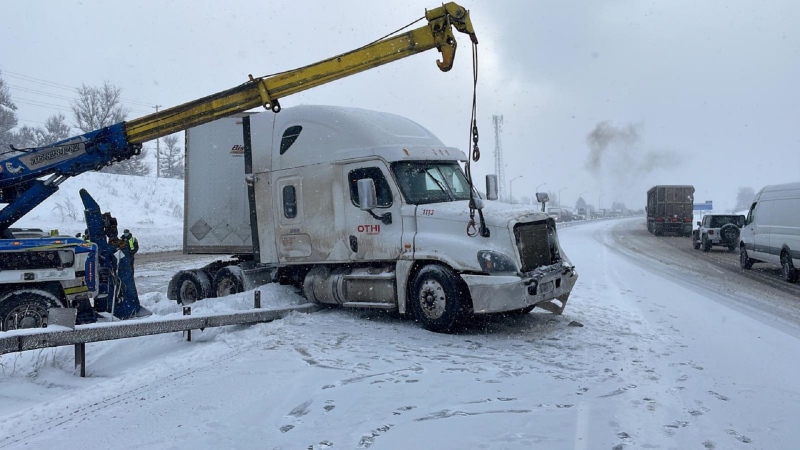 A tractor-trailer crashed into a guide rail travelling northbound on Highway 400 north of Essa Road Tuesday morning. (Credit/OPP Highway Safety Division)