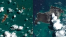 The eruption this month of an underwater volcano near Tonga was hundreds of times more powerful than the Hiroshima atomic bomb, according to NASA. (Maxar Technologies/AP via CNN)