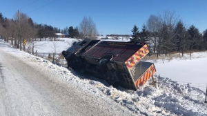 A firetruck crashed in a ditch in Wellington County (Chris Thomson / CTV Kitchener)
