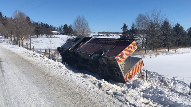 A firetruck crashed in a ditch in Wellington County (Chris Thomson / CTV Kitchener)