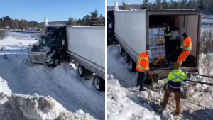 A transport truck jackknifed along Highway 11 near Huntsville, Ont., leaving crews to unload boxes of alcohol that it was carrying on Tues., Jan. 25, 2022 (OPP_CR)