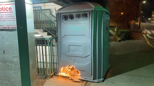 The porta-pottie fire at the Bastion Street and Skinner Street intersection is pictured: (Nanaimo RCMP)