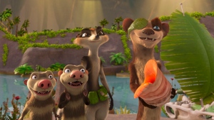 This image released by Disney Enterprises shows, from left, Crash, voiced by Seann William Scott, Eddie, voiced by Josh Peck, Zee, voiced by Justina Machado, and Buck, voiced by Simon Pegg, in a scene from the animated feature "The Ice Age Adventures of Buck Wild." (Disney Enterprises via AP) 