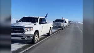 A screen capture from a video shows a Métis Nation Saskatchewan vehicle taking part in a Jan. 24, 2022 protest.  (Facebook/Lynelle Fremont)