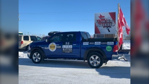 A supporter of the Freedom Convoy 2022 to Ottawa is parked in Headingley, Man. on Jan. 25, 2022 (CTV News Photo)