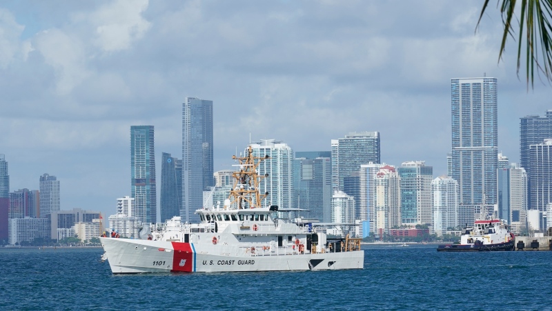 The U.S. Coast Guard ship Bernard C. Webber, leaves the coast guard base, Monday, July 19, 2021, in Miami Beach, Fla. The U.S. Coast Guard is searching for 39 people after a good Samaritan rescued a man clinging to a boat off the coast of Florida. (AP Photo/Marta Lavandier) 
