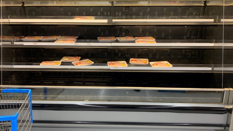 Nearly empty shelves at a grocery store in London, Ont., Jan. 25, 2022. (Bryan Bicknell / CTV News)