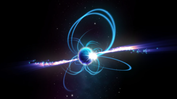 An artist’s impression of what the object might look like if it’s a magnetar. Magnetars are incredibly magnetic neutron stars, some of which sometimes produce radio emission. Known magnetars rotate every few seconds, but theoretically, 'ultra-long period magnetars' could rotate much more slowly. Credit: ICRAR.