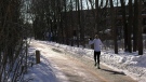 Runner Heather Meadley hits the trails despite the chill on Wednesday. (CTV News Kitchener/Spencer Turcotte)