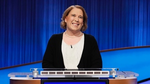 This image released by Sony Pictures Television shows contestant Amy Schneider on the set of "Jeopardy!" (Casey Durkin/Sony Pictures Television via AP) 