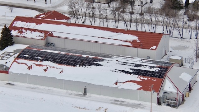 The Town of Calmar installed 11,000 square feet of solar panels on the roof of the Mike Karbonik Arena in 2021, and expects to save $30,000 on electricity costs for the panel's 25-year lifespan. 