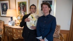 Marina Picasso, right, granddaughter of artist Pablo Picasso, and her son Florian Picasso pose with a ceramic art-work of Pablo Picasso in Cologny near in Geneva, Switzerland, Tuesday, Jan. 25, 2022. (AP Photo/Boris Heger, File) 
