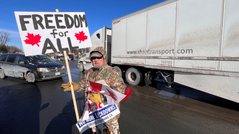 A member of the Freedom Convoy at Angelo's truck stop in Spencerville, Ont. on Friday, Jan. 28, 2022. (Tyler Fleming/CTV News Ottawa)