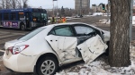 An Edmonton Transit Service bus and civilian car crash around 9:45 a.m. on Jan. 28, 2022, at 97 Avenue and Rossdale Road. The civilian driving the car was hospitalized with injuries described as serious. 