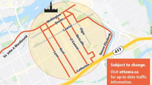 The city of Ottawa outlines the area of downtown Ottawa that could see significant traffic impacts due to the freedom convoy. (Image courtesy: City of Ottawa)