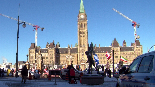 Protesters arrive on Parliament Hill ahead of main trucker convoy