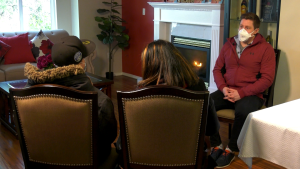 CTV News Vancouver's Scott Hurst speaks to Miguel Angel Zepeda Machorro and a translator. Machorro was stabbed multiple times inside a Vancouver Tim Hortons in an apparently random attack on Jan. 22. (CTV)