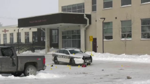 A police car is parked in front of Siloam Mission on Saturday morning,  Jan. 29 (Ken Gabel, CTV News)