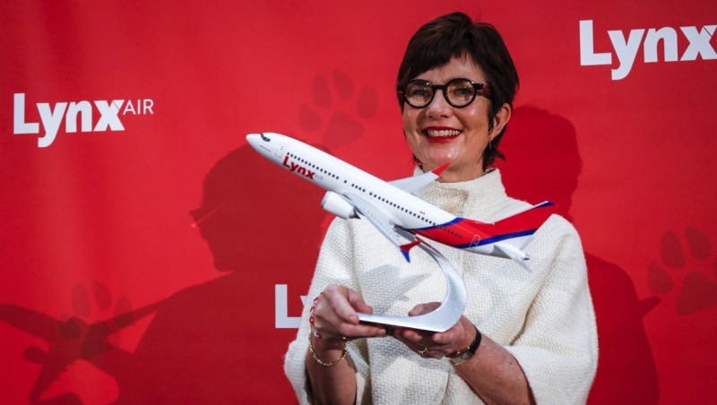 Merren McArthur, CEO of Lynx Air, announces the startup of the new airline at a news conference announcing Calgary, Alta., Tuesday, Nov. 16, 2021.THE CANADIAN PRESS/Jeff McIntosh