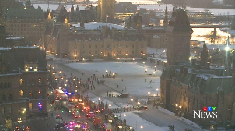 A look at Parliament Hill Sunday evening as the "Freedom Convoy" demonstration continued. 