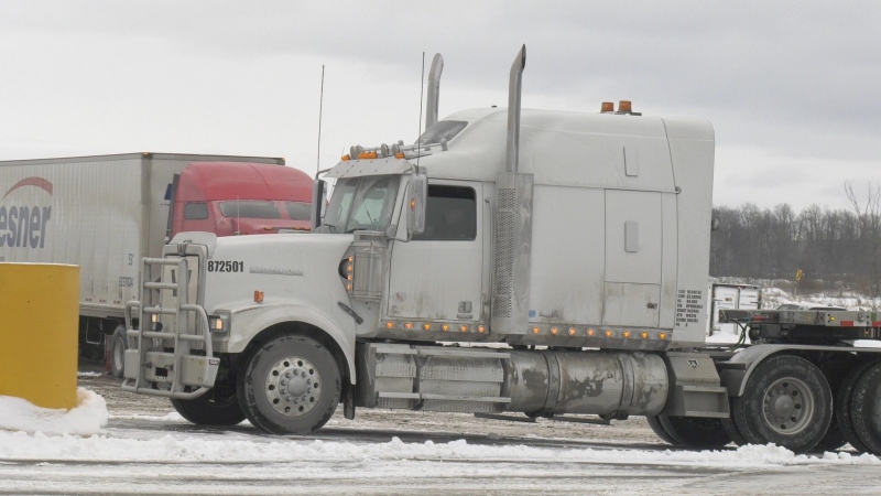 Trucks parked at the Antrim Truck Stop in Arnprior, Ont. on Thursday. (Dylan Dyson/CTV News Ottawa)